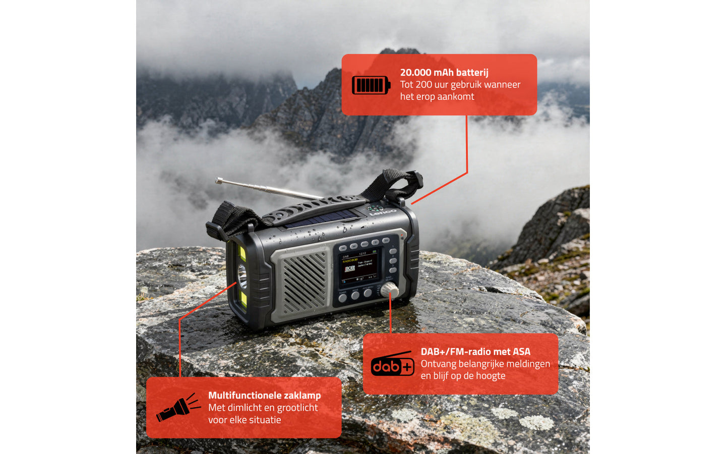 Noodradio – Lenco (DAB+/FM, Bluetooth en oplaadbare batterij, powerbank en zaklamp functie) - afbeelding 12